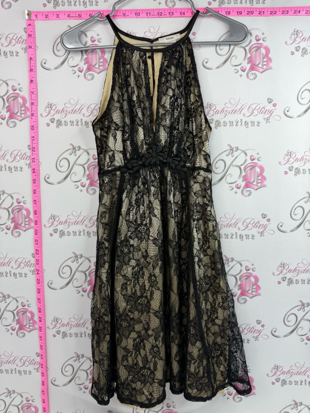 Esley dress halter cut outs Black Lace Overlay Mini Dress with Nude Underlay